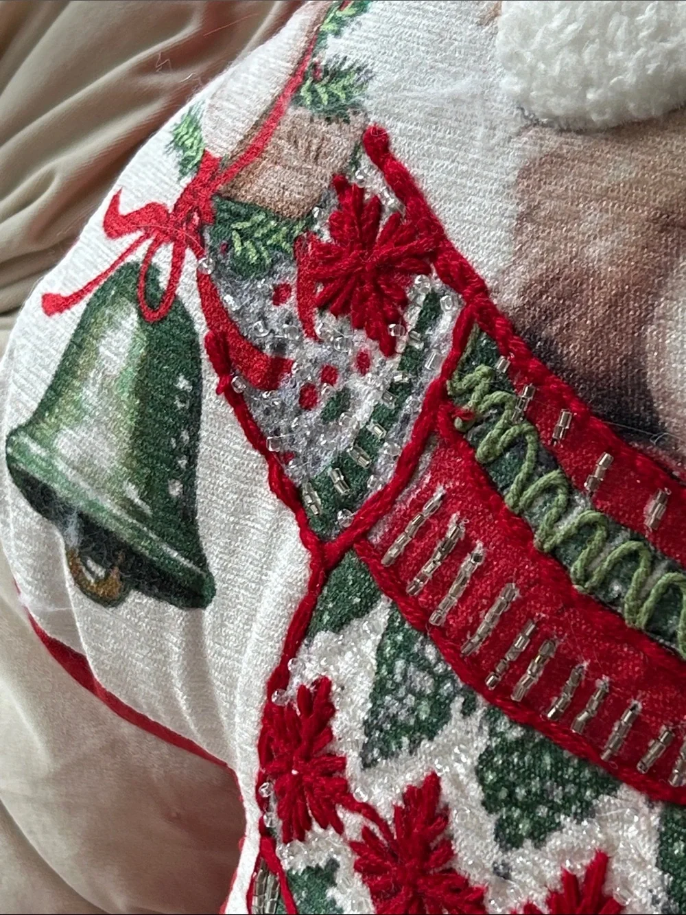 NWT! Vintage Inspired Christmas Holiday Teddy Bear Throw Pillow Beaded Sweater